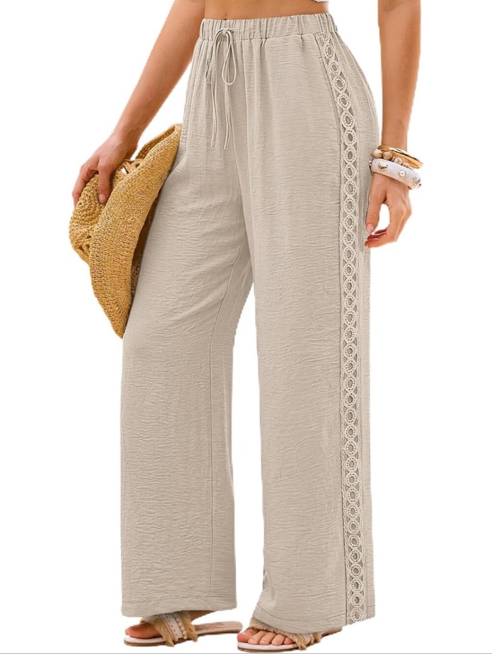 Beige Crochet-Trim Wide Leg Pants